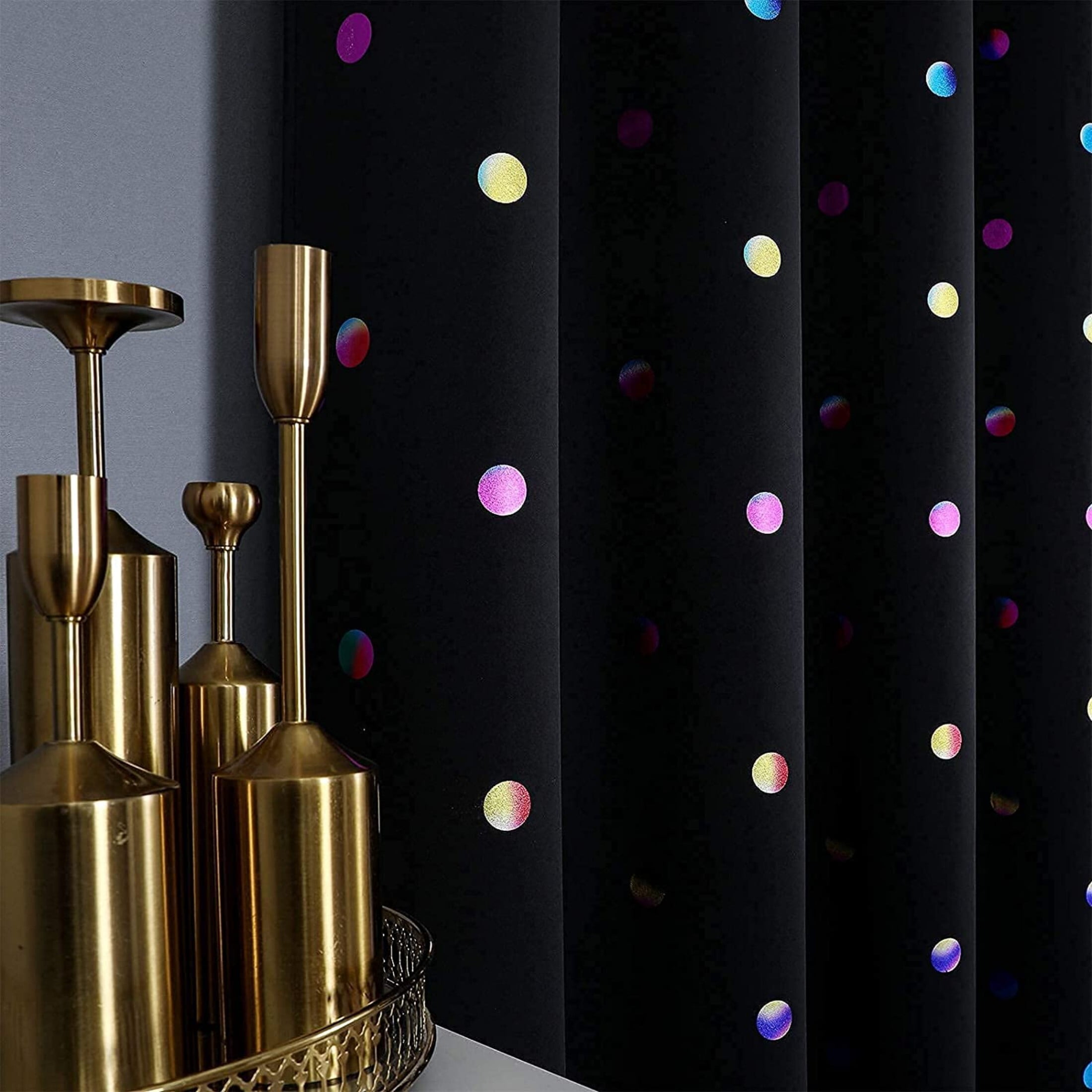 Bazaahm Black 100% Blackout Curtain for Kids Bedroom Living Room Metallic Polka Dots Printed 95"L x 52"W, Grommet, 2pcs