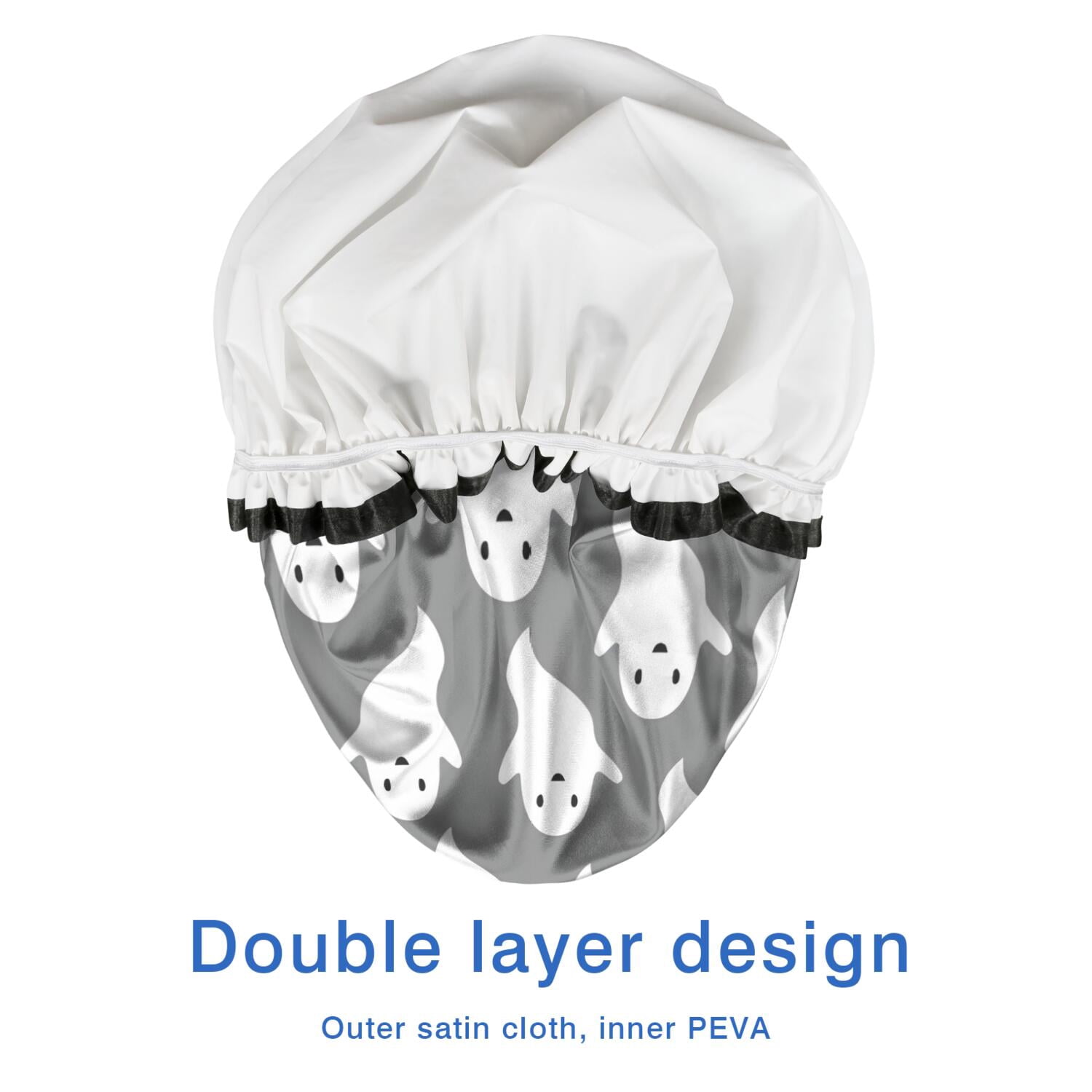Shower Caps,Gray Halloween White Ghosts Waterproof Shower Cap for Women 4 Pieces,Double Reusable Hair Cover for Shower PEVA Elastic Stretch Hem