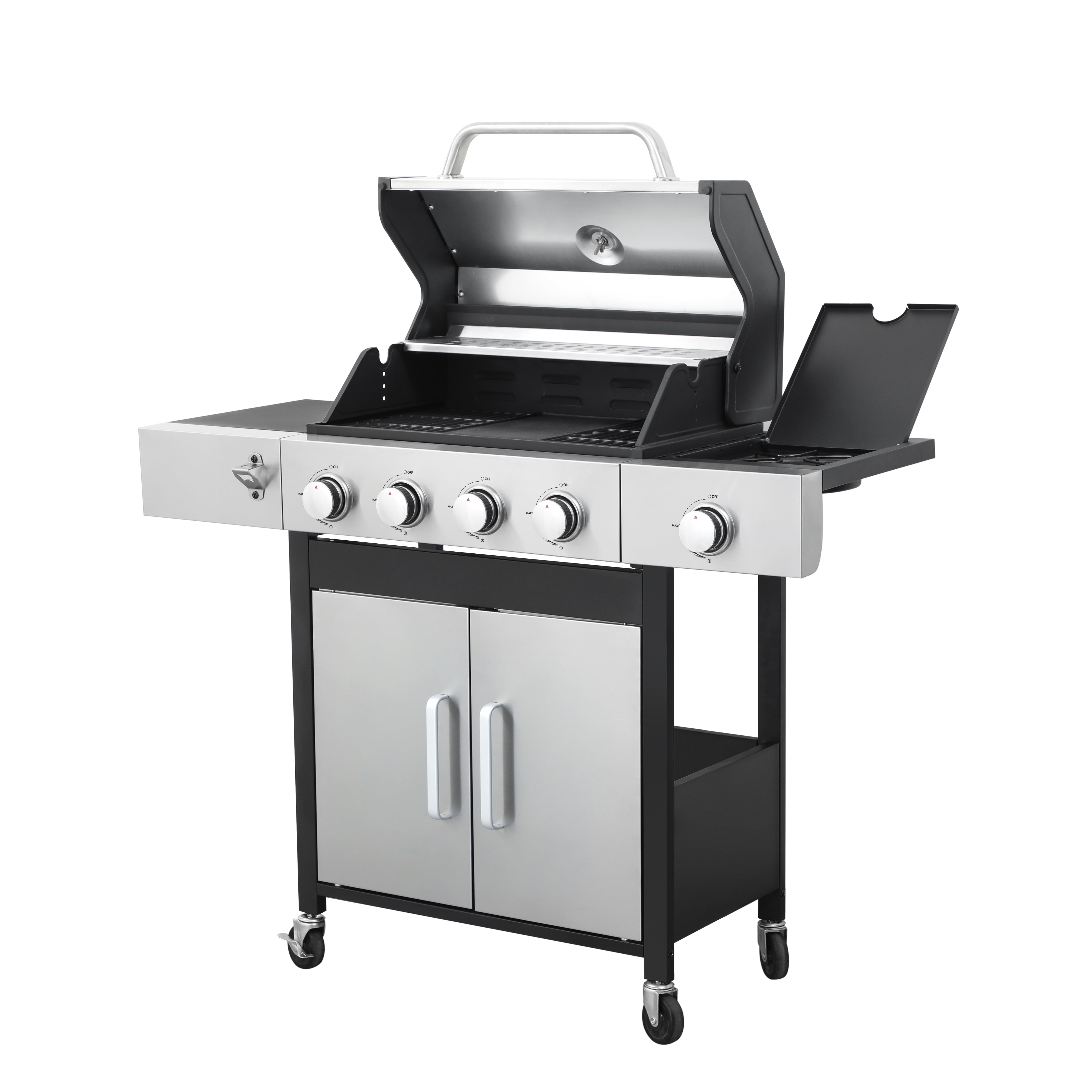 4-Burner Propane Gas BBQ Grill with Side Burner, 46790BTU Output With Enameled Cast Iron Cooking Grids For Outdoor Barbecue, Stainless Steel