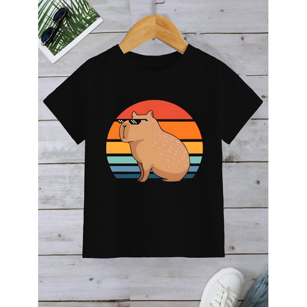 Boys' Casual Cartoon Capybara T-Shirt - Comfy Short Sleeve Summer Tee with Fun Fashion Glasses Design, Loose Fit for Everyday & Outdoor Play