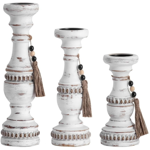 Large Candle Holders for Pillar Candles - Rustic Farmhouse Style Home Decor - Perfect for Table Centerpieces, Coffee Table or Fireplace Mantel - 3 Piece Set - White