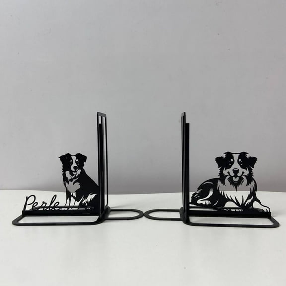 Craftnamesign Custom Australian Shepherd Metal Bookends, Dog Book Table Bookshelf Decor