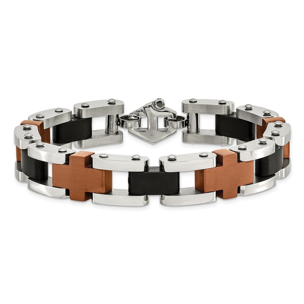 Diamond2Deal Stainless Steel Brushed and Polished Black and Brown IP-Plated Cross Link Bracelet for Men 8.75"