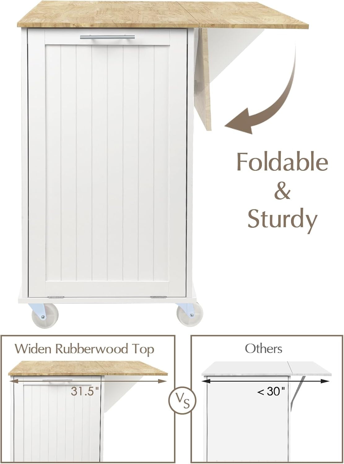 Kitchen Island with Storage, 31.5" D Rolling Kitchen Island Cart on Wheels with Widen Drop Leaf Rubberwood Top, Large Mobile Kitchen Island with Trash Can Storage and Towel Bar, White