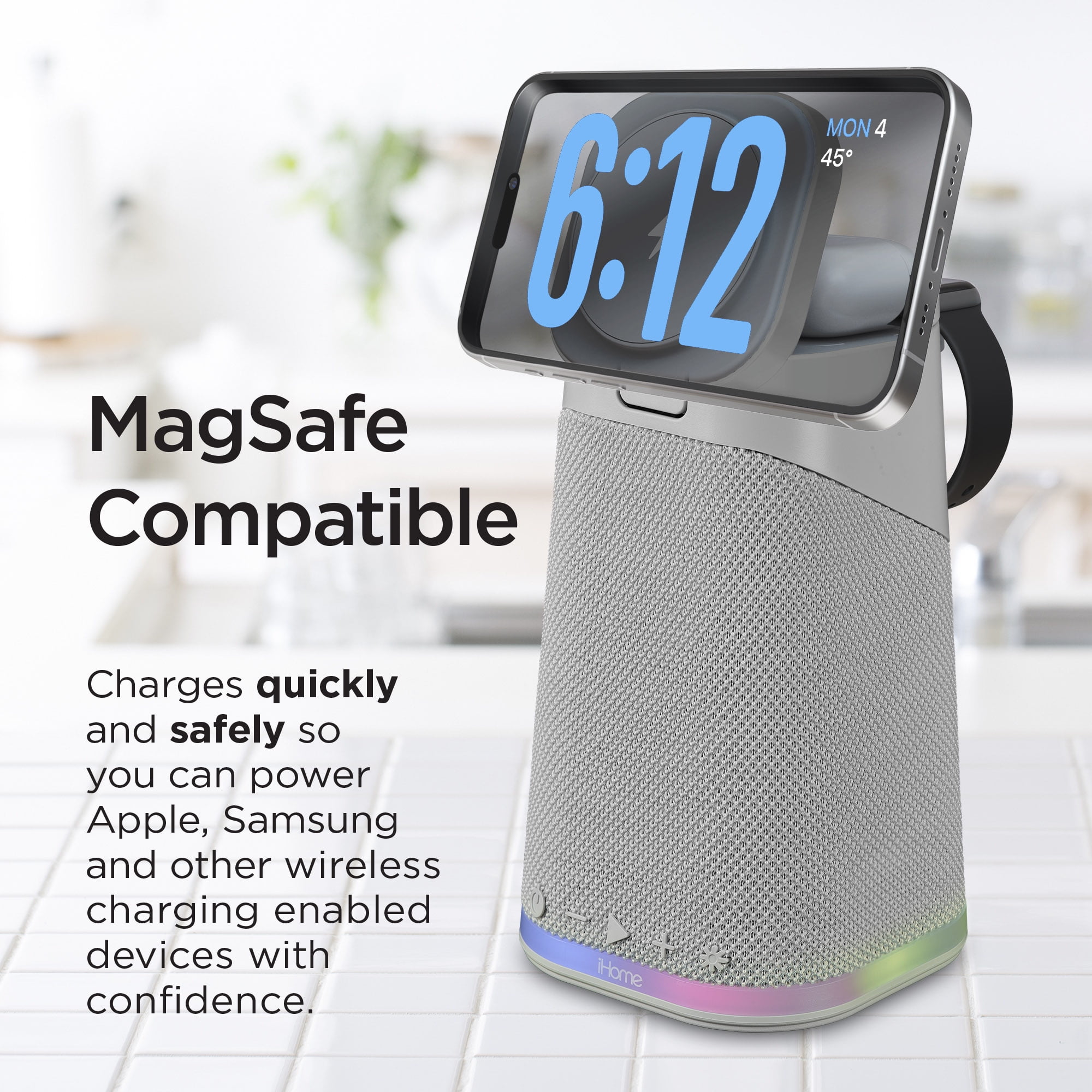 iHome Wireless Charger with Apple Watch Charger, Bluetooth Speaker, and Night Light - Grey (iPBT70G)