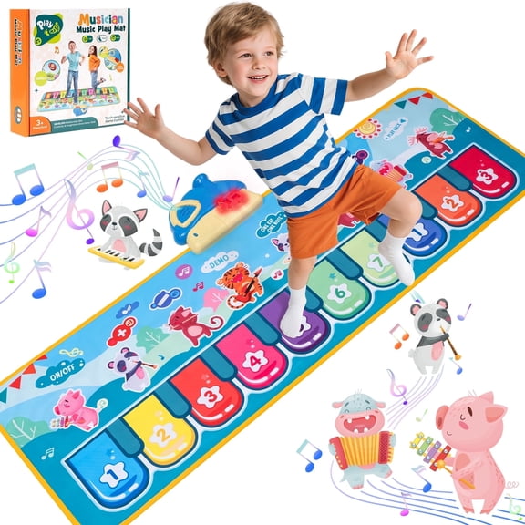 Piano Mat for Toddlers, 39.5in Musical Keyboard Floor Playmat, 10 Pianp Keys, 8 Instrument Sounds, Montessori Toys Gifts for 1-3 Year Boy Girl for Birthday Christma