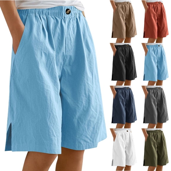 Lovzfmll Women's Linen Bermuda Shorts, Elastic Waist Casual Pants, Comfort Summer Shorts Blue, S