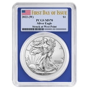 2022 W $1 American Silver Eagle PCGS MS70 FDOI Flag Label Blue Frame