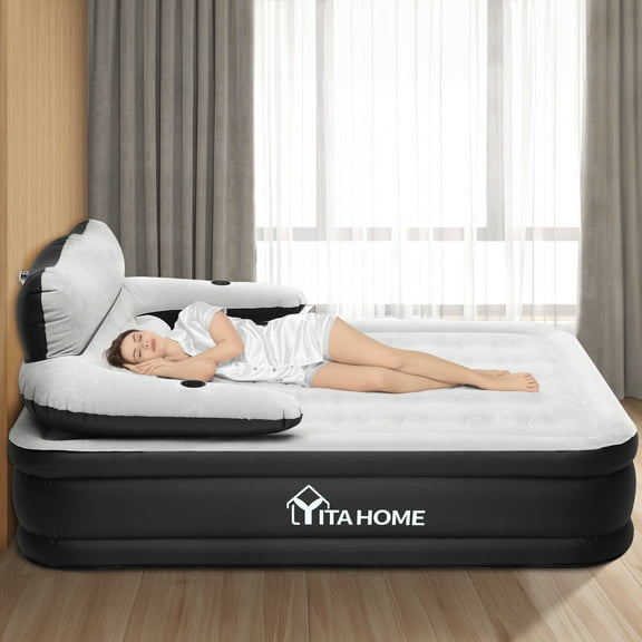 Dextrus Queen Size Air Bed with Detachable Headboard & Integrated Pump, 18in Inflatable Mattress with Accessories for Home, Outdoors, and Travel