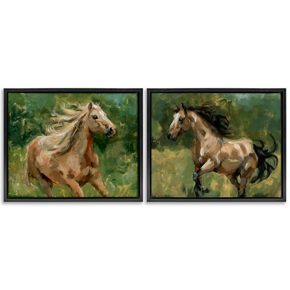 Stupell Industries Trotting Horse Visages Animals Painting Black Floater Framed Canvas Art Print Wall Art, 21 x 17, Set of 2
