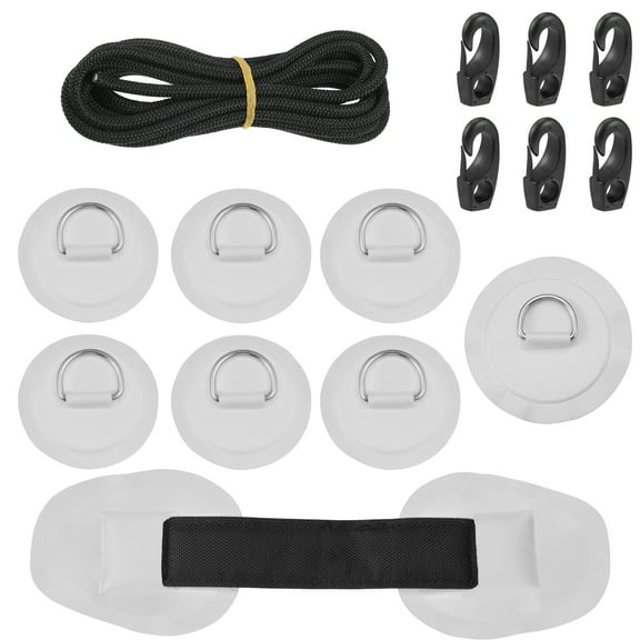 7pcs D-Ring Patch Round Shape D Ring 11.5ft Elastic Shock Rope with 6 Hooks Accessories for Inflatable Boat Gray
