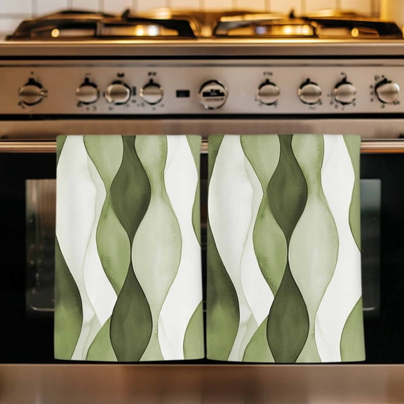 Sage Green Stripes Kitchen Towels Set of 4, Retro Farmhouse Abstract Ripple Absorbent Dish Towels for Kitchen, Microfiber Hand Towel, Quick Drying Tea Towel for Cleaning Decorative Dishcloths