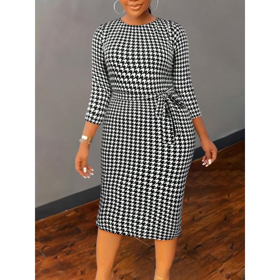 Black And White Houndstooth Print Fitted Midi Dress With Self-Tie Waist, Elegant Plus Size