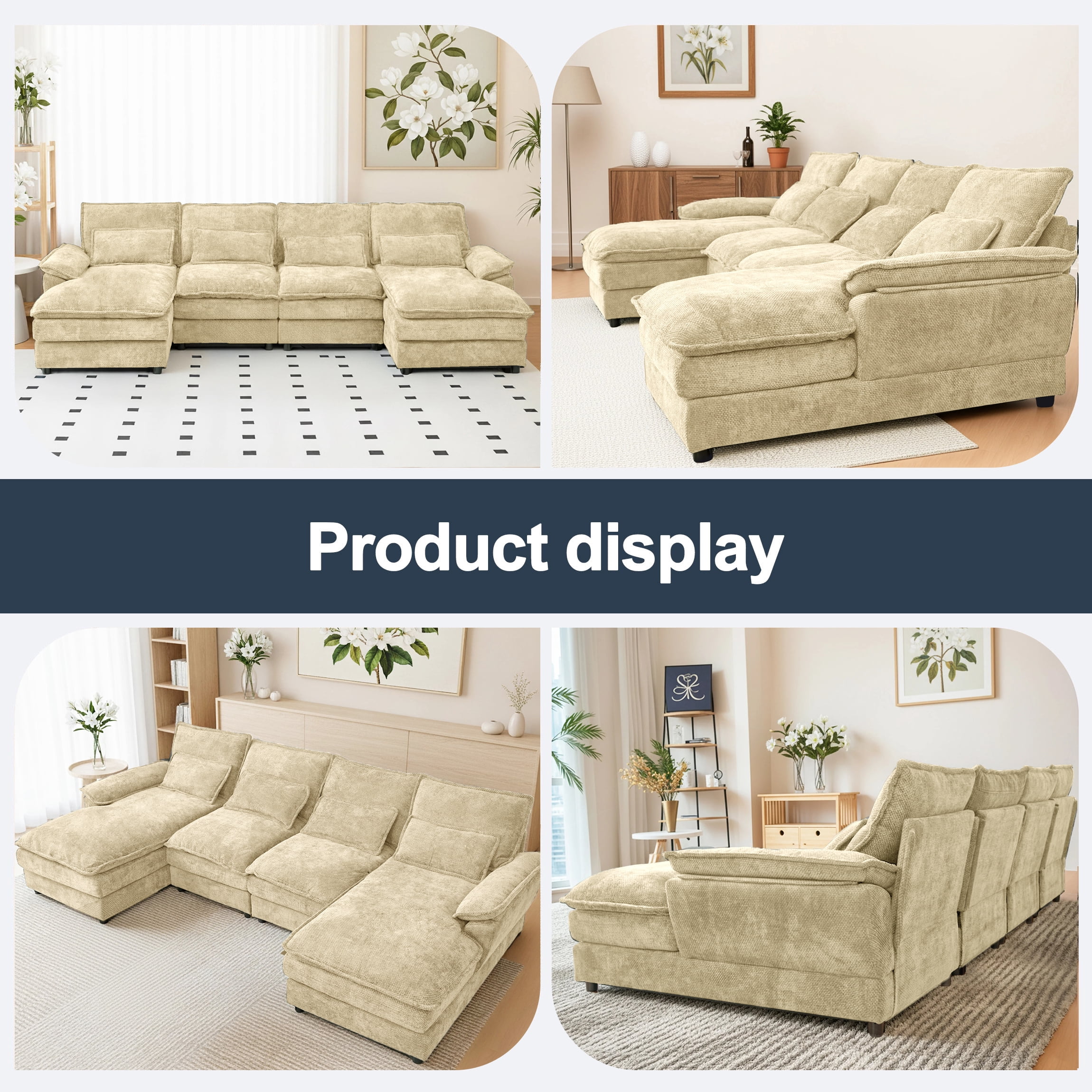 SEENYOO 110.24" U-Shaped Couch, Cloud Modular Sectional Sofa with Chenille Fabric, 4-Seat Comfy Couch for Living Room,Khaki