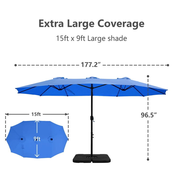 Abble 15x9 ft Large Double Sided Rectangular Patio Market Umbrella with Crank Lift - Heavy Duty Steel Sun Shade in Navy
