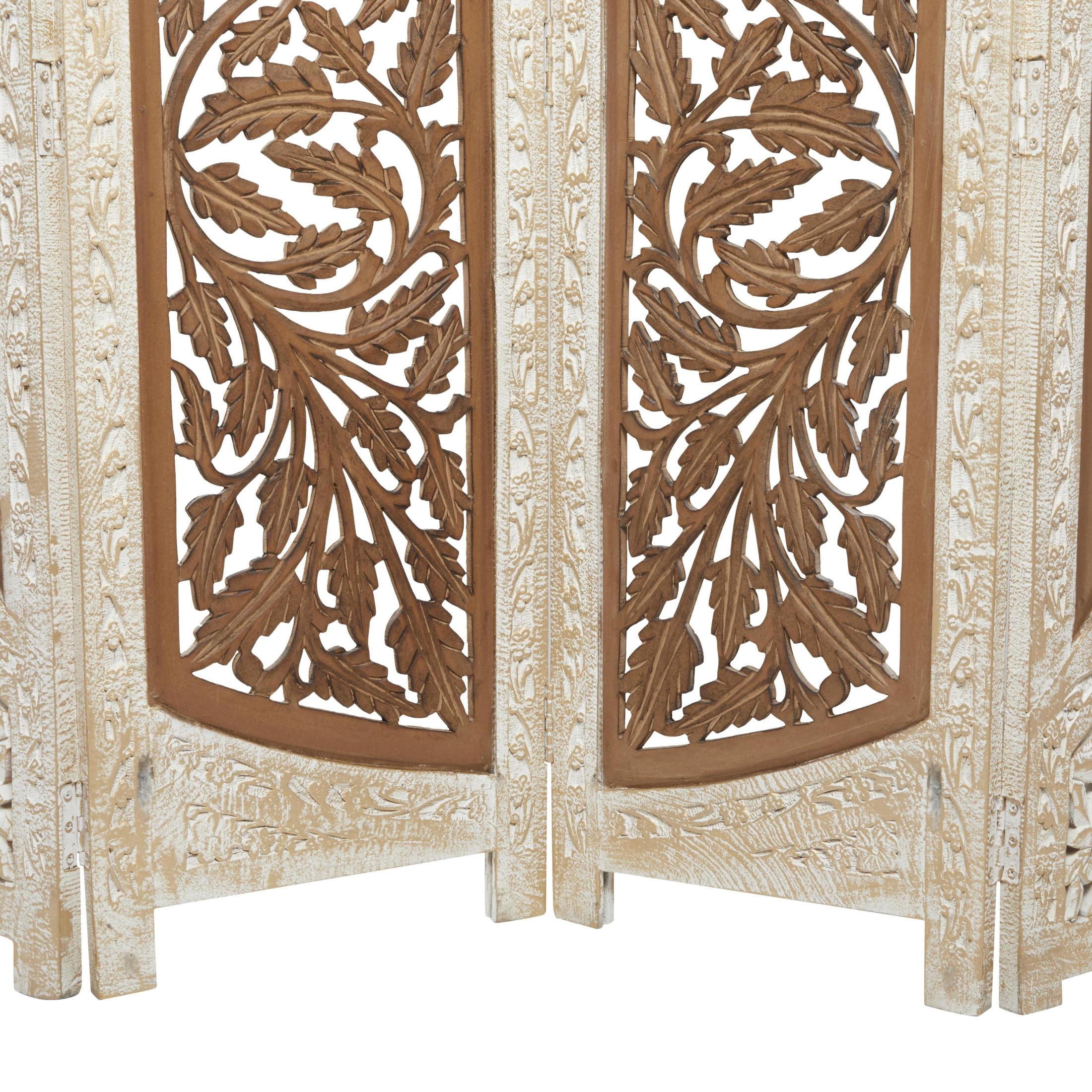 DecMode French Country Wood Foldable 4 Panel Room Divider Screen with Floral Carvings and Brown/White Distressed Finish, 62"W x 72"H