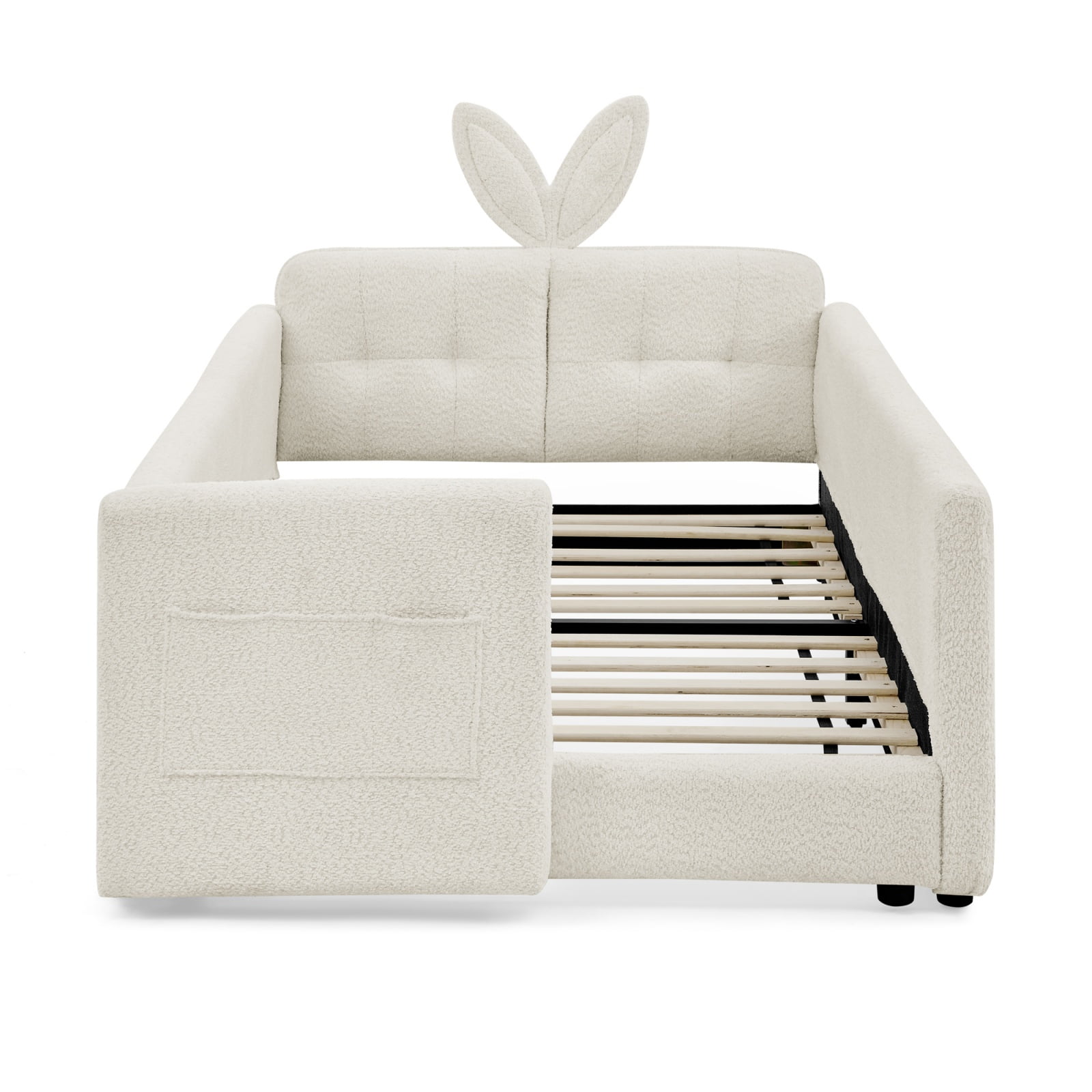 Deiokin Twin Size Bunny Ear Platform Bed Frame, Upholstered Boucle Fabric Bed Frame with Safety Rail & Storage Pocket