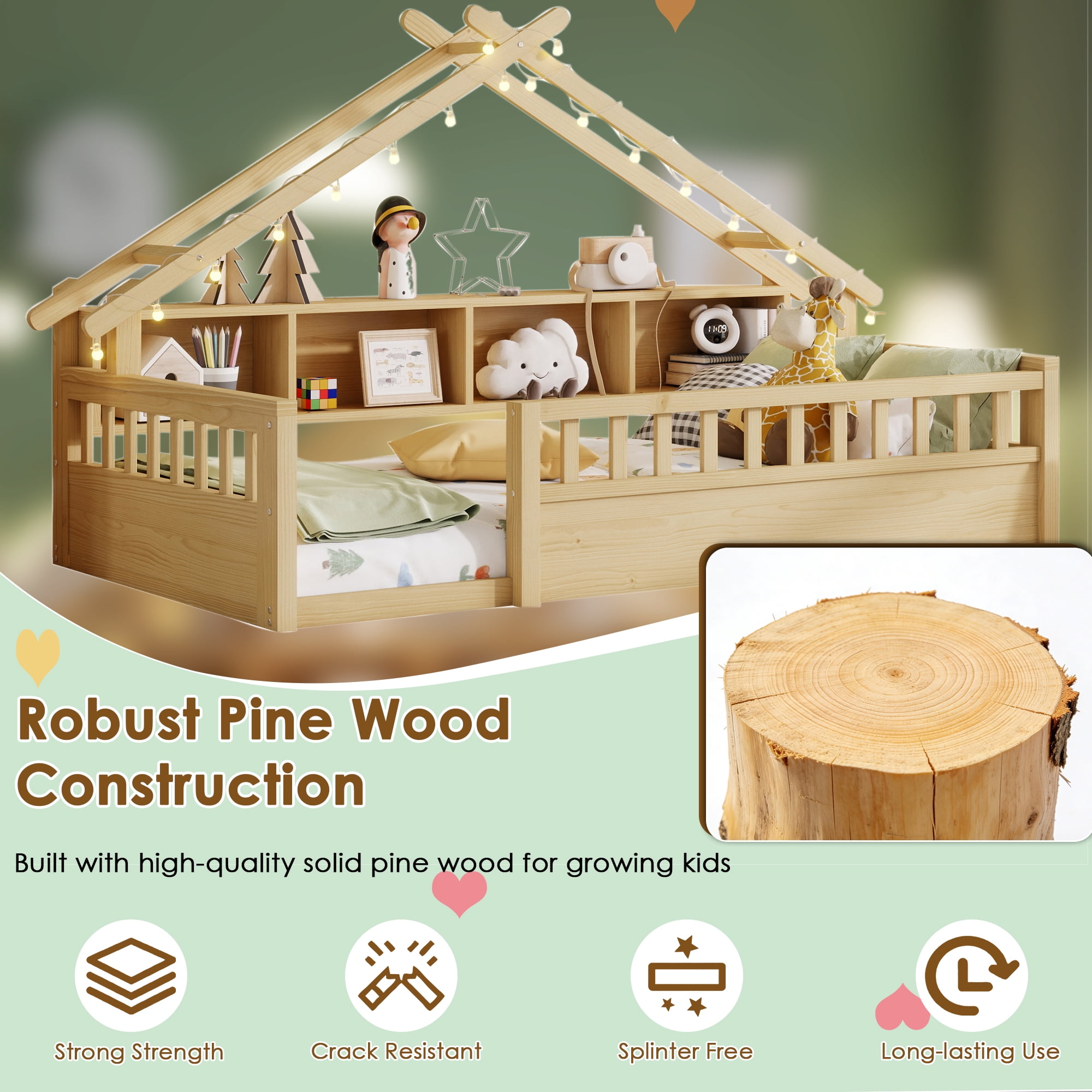 Mirightone Twin Size Montessori Floor Bed with LED Light, Storage Bookcase & Safety Rail, Solid Pine Wood  House Floor Bed, No Box Spring Needed(Natural)