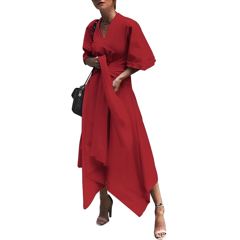 VONDA Women LAsrge Size Lady Short Sleeve V Neck High Waist Irregular