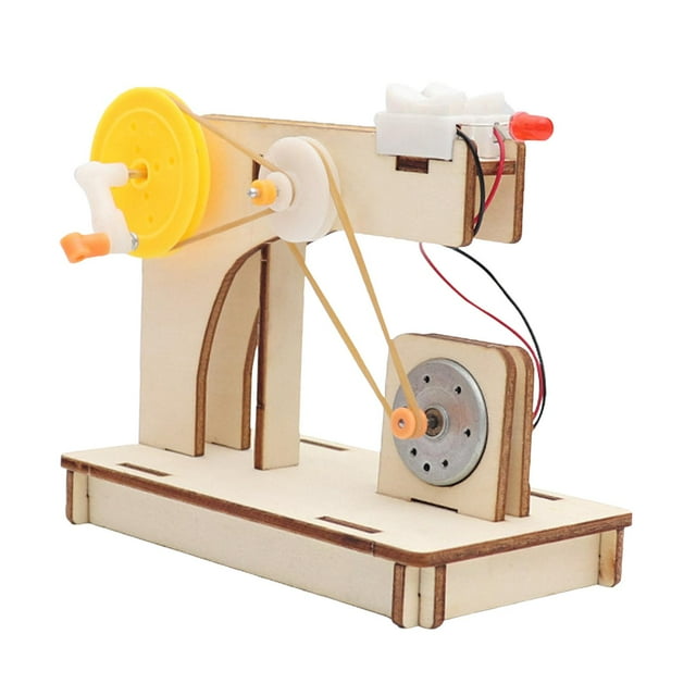 diy ciencia mano energía electricidad creatividad ecológico juguete física aprendizaje generador de energía modelo para juguete de generador de manivela DIY en madera sin pintar, vista frontal 3/4 con base rectangular y arcos de soporte; eje con polea amarilla y manivela accionable y correa elástica que conecta a un motor con disco metálico, caja de baterías blanca con LED rojo y cables visibles; medidas 15 cm x 15 cm x 5 cm, apto para proyectos educativos de conversión de energía y experimentos de física, a menudo usado para enseñar coordinación ojo-mano y habilidades motoras finas.