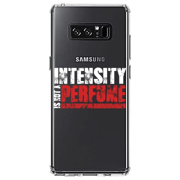 DistinctInk Clear Shockproof Hybrid Case for Samsung Galaxy Note 8 - TPU Bumper Acrylic Back Tempered Glass Screen Protector - Intensity Isn't A Perfume