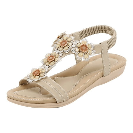 

ZIZOCWA Boho Sandals for Women Dressy Casual Sandals for Women Wide Width Summer Fashion Women Casual Open Toe Flat Rhinestone Flowers Comfortable Sof 6.5