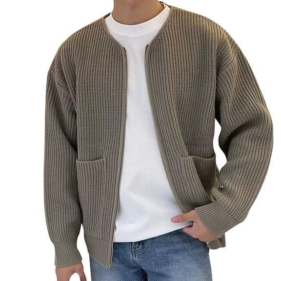 Mens Sweater, Fall Knit Solid Color With Pockets Round Neck Zipper Male Long Sleeve Sweater Knitwear Jacket, Daily Casual Wear, Soft Fabric, Men's Clothing