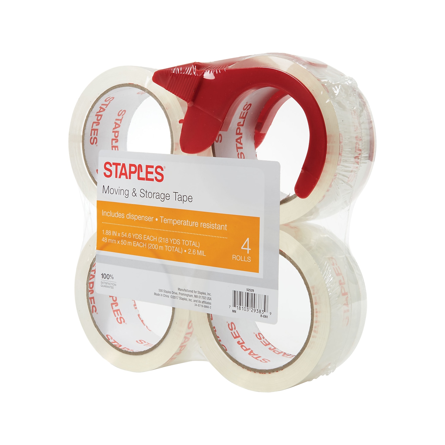 Staples Moving & Storage PKing Tape w/Dispenser 1.88" x 54.6 Yds Clr 4/RL 473975