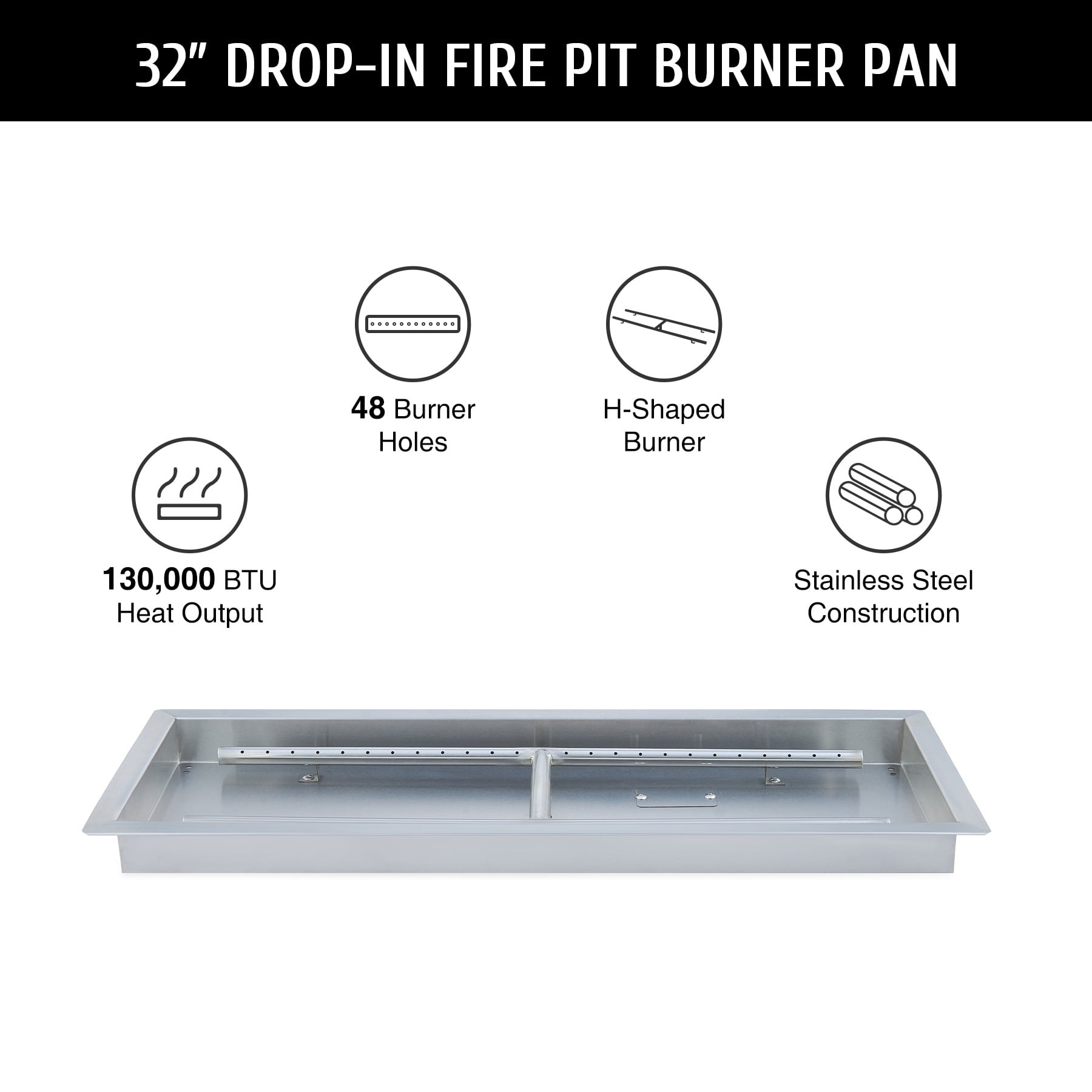 32x12 Inch Drop-In Fire Pit Pan w Burner Stainless Steel Gas Propane Firepit Pan