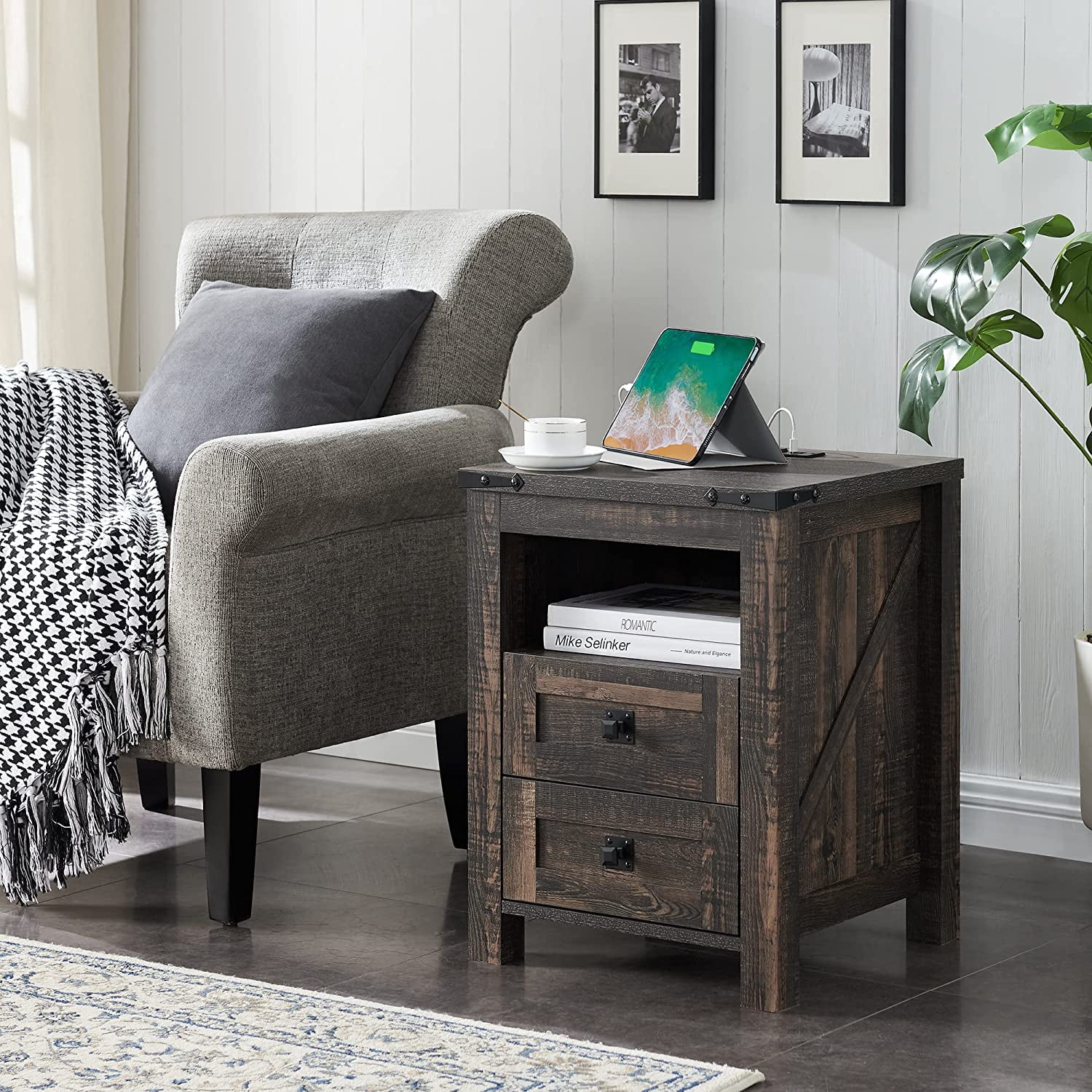 OKD Farmhouse Nightstand with Charging Station for Bedroom, 2-Drawer Rustic End Tables for Living Room, Dark Rustic Oak