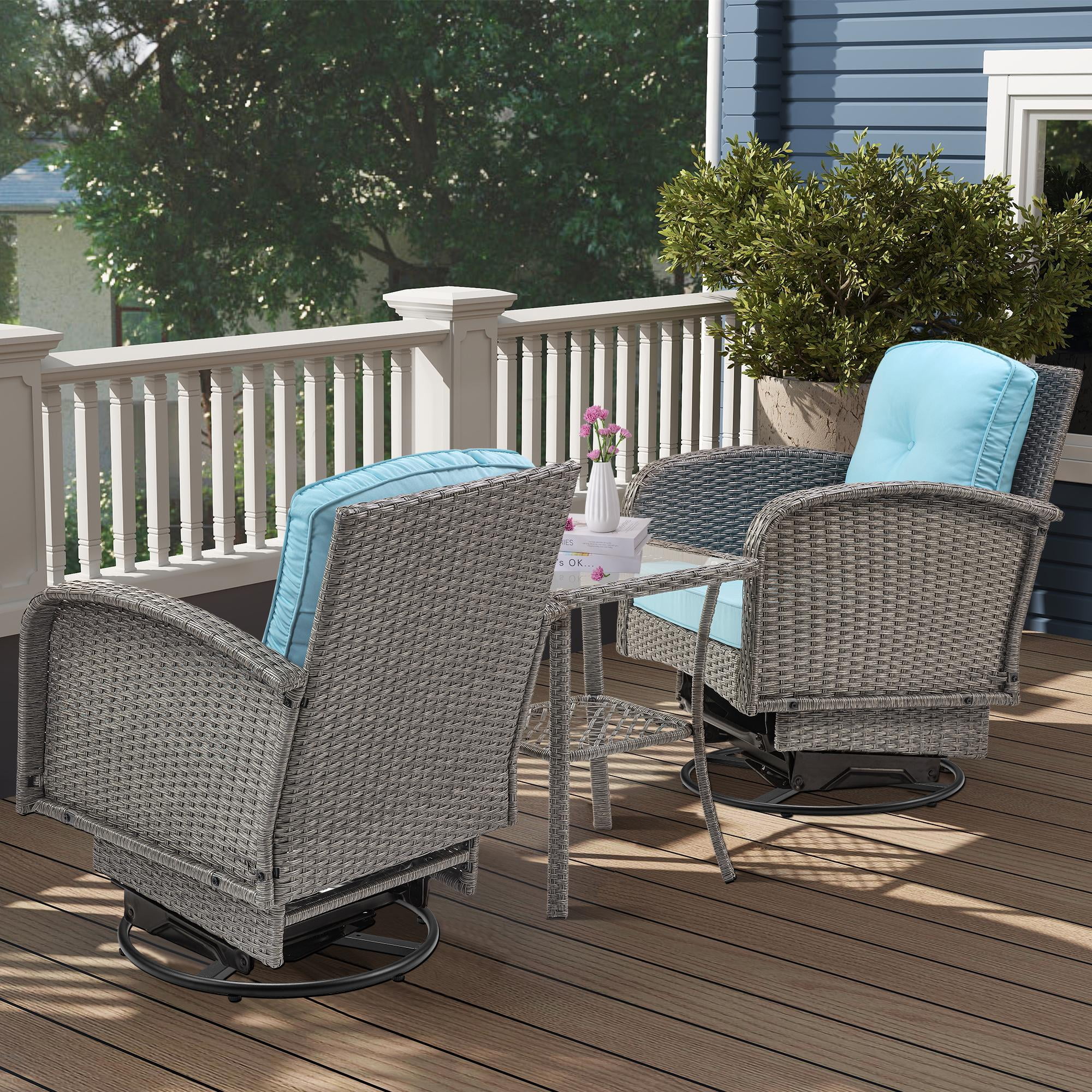 Segmart 3pcs Patio Furniture Set, Rattan Wicker Outdoor Rocking Chair with Coffee Table, Porch Deck Swivel Furniture with Cushions, for Deck Balcony