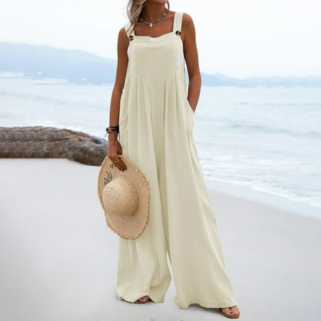 

Voncos Overalls for Women Spring Summer 2023- Solid Button Wide-Leg Fashion Casual Jumpsuits Rompers Beige 10