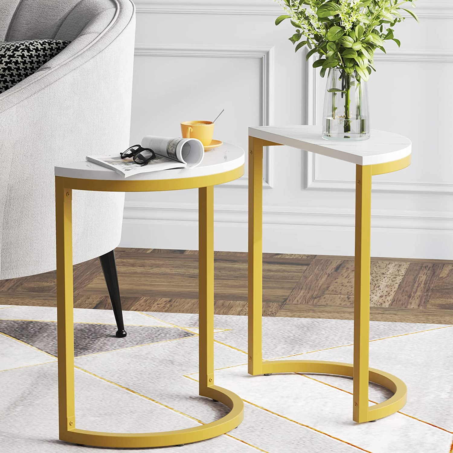 White Gold End Table Half Circle Set of 2, Tribesigns Small Narrow Side