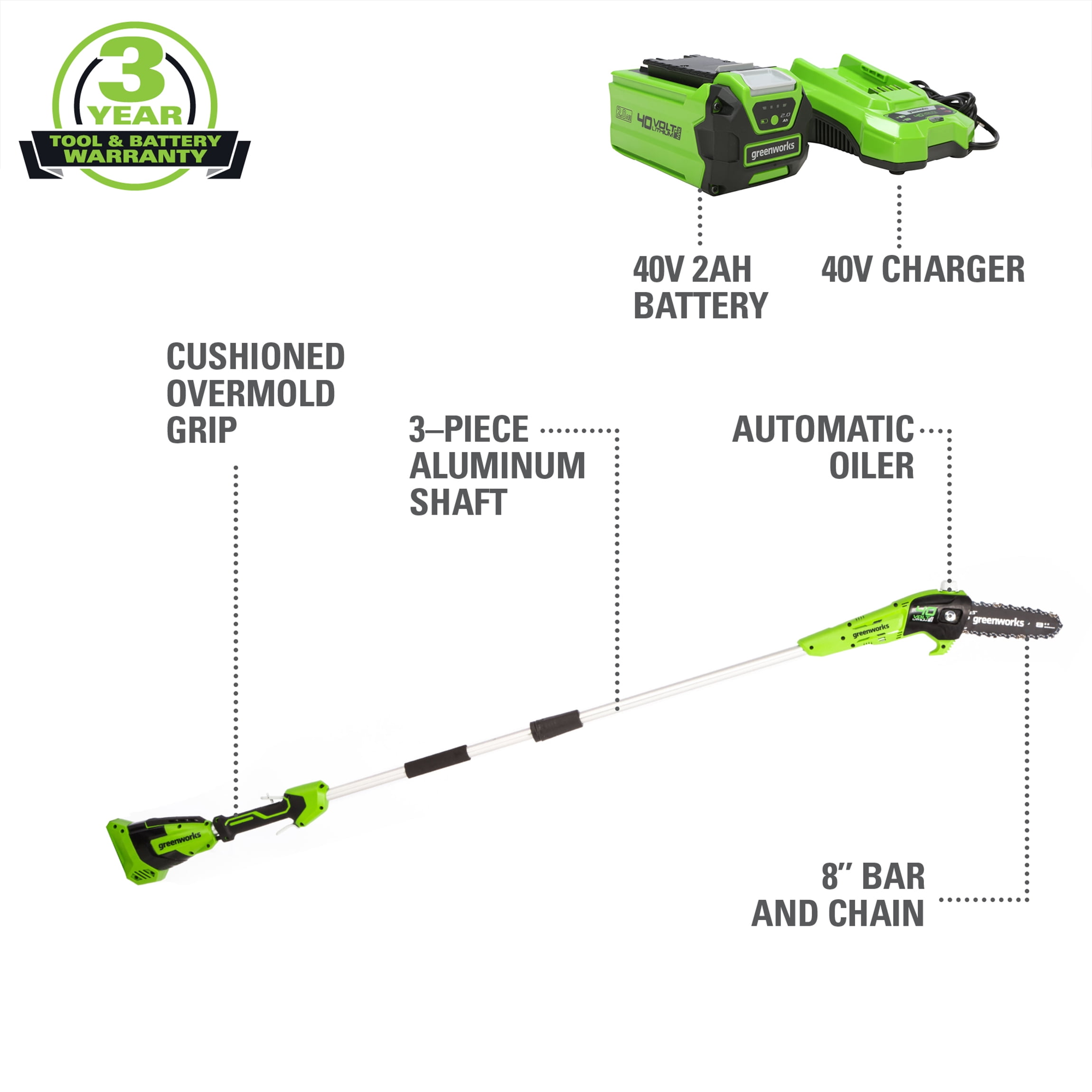 Greenworks 40V 8" Cordless Pole Saw with 2.0 Ah Battery and Charger Gen II 1403702