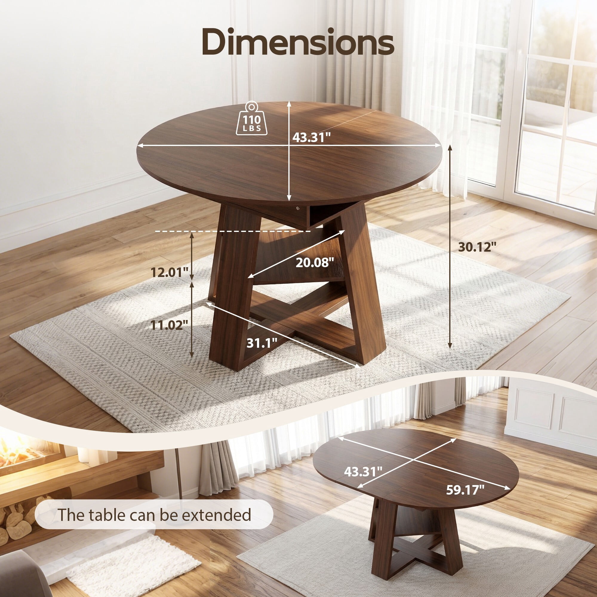 AENKYO 43" Extendable Dining Table for 4-6, Butterfly Leaf Table with Crisscross Storage Base, Walnut Finish