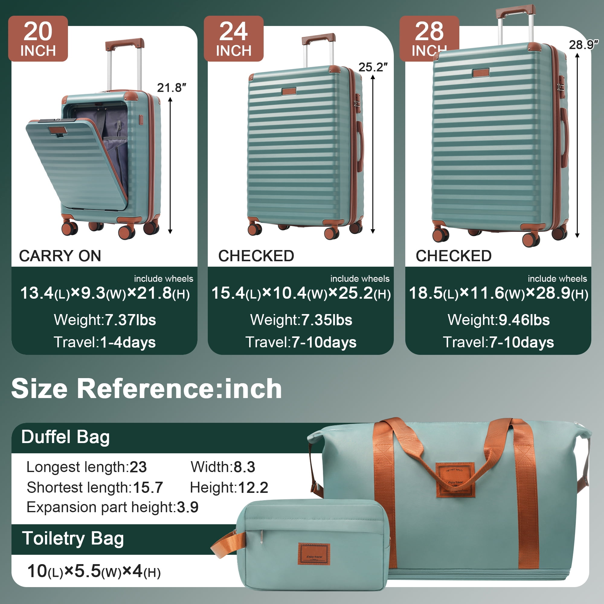MAYEERTY 5-Piece Minimalist Luggage Set - 20" Front Opening Carry-On with USB/Cup Holder + 24"+28" Expandable + Duffel & Toiletry Bag