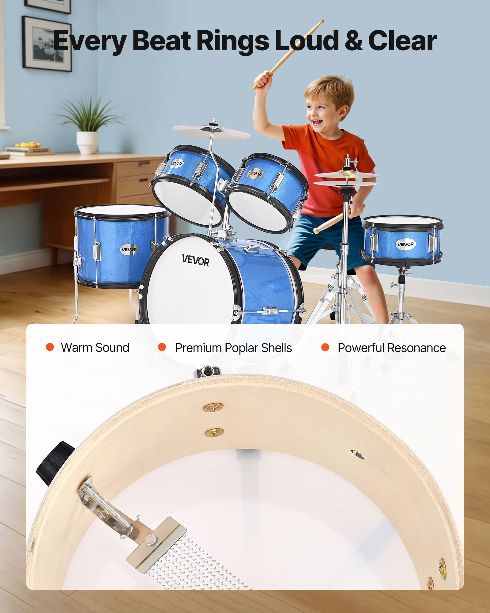 VEVOR Kids Drum Set, 5-Piece 16 in Junior Drum Sets, Beginner Drums Set with Adjustable Throne, Cymbal & Two Pairs of Drumsticks, Musical Learning Drums Kit(Blue)
