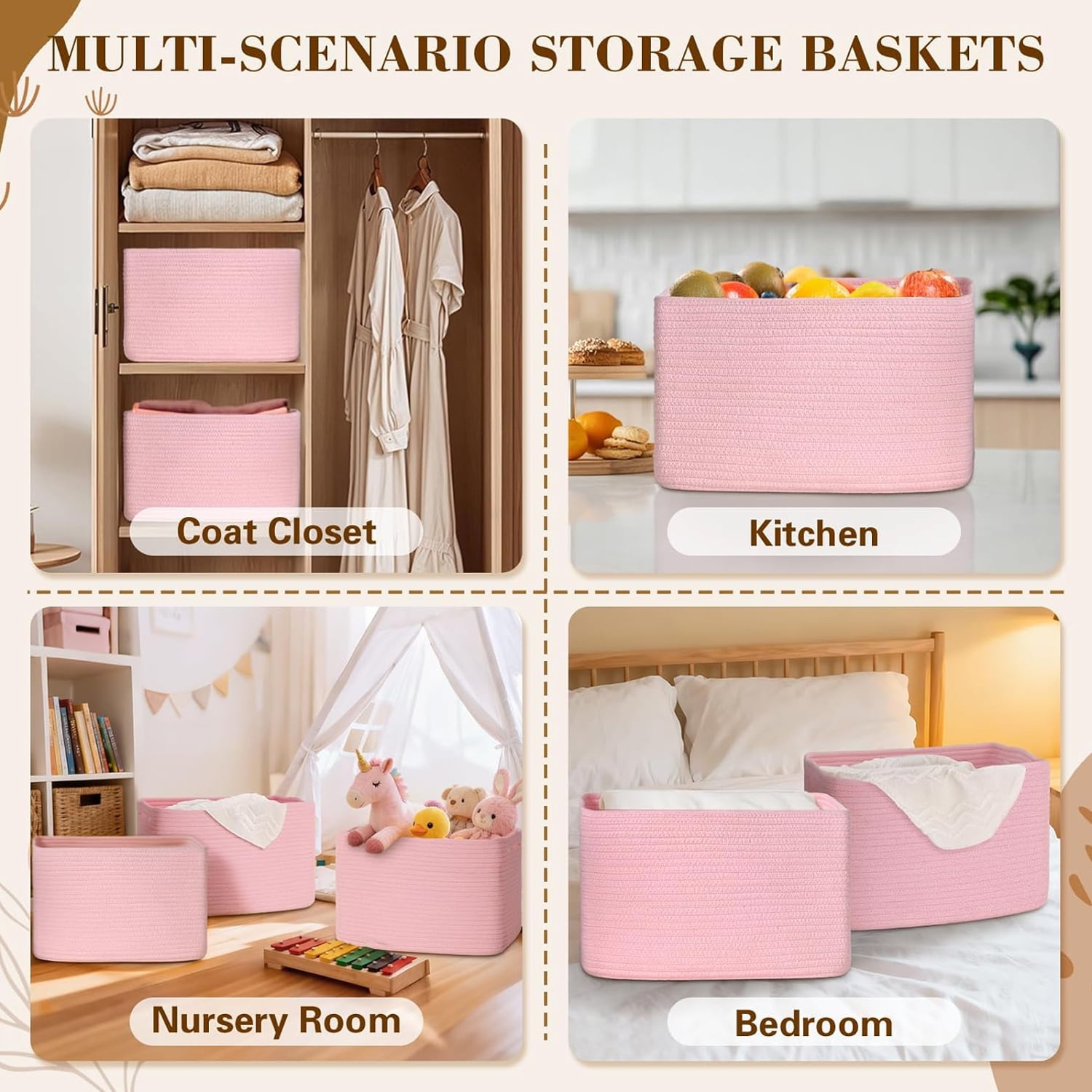 Natubeau 3 Pack Woven Storage Basket for Shelves, Cotton Rope Storage Bins for Toys Books, Storage Baskets for Organizing, 14.96"X9.8"X8.85", Pink