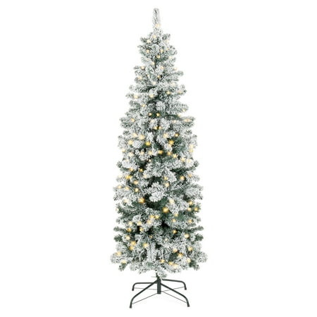 Best Choice Products 7.5ft Pre-Lit Artificial Snow Flocked Christmas Pencil Tree Holiday Decoration with 350 Clear