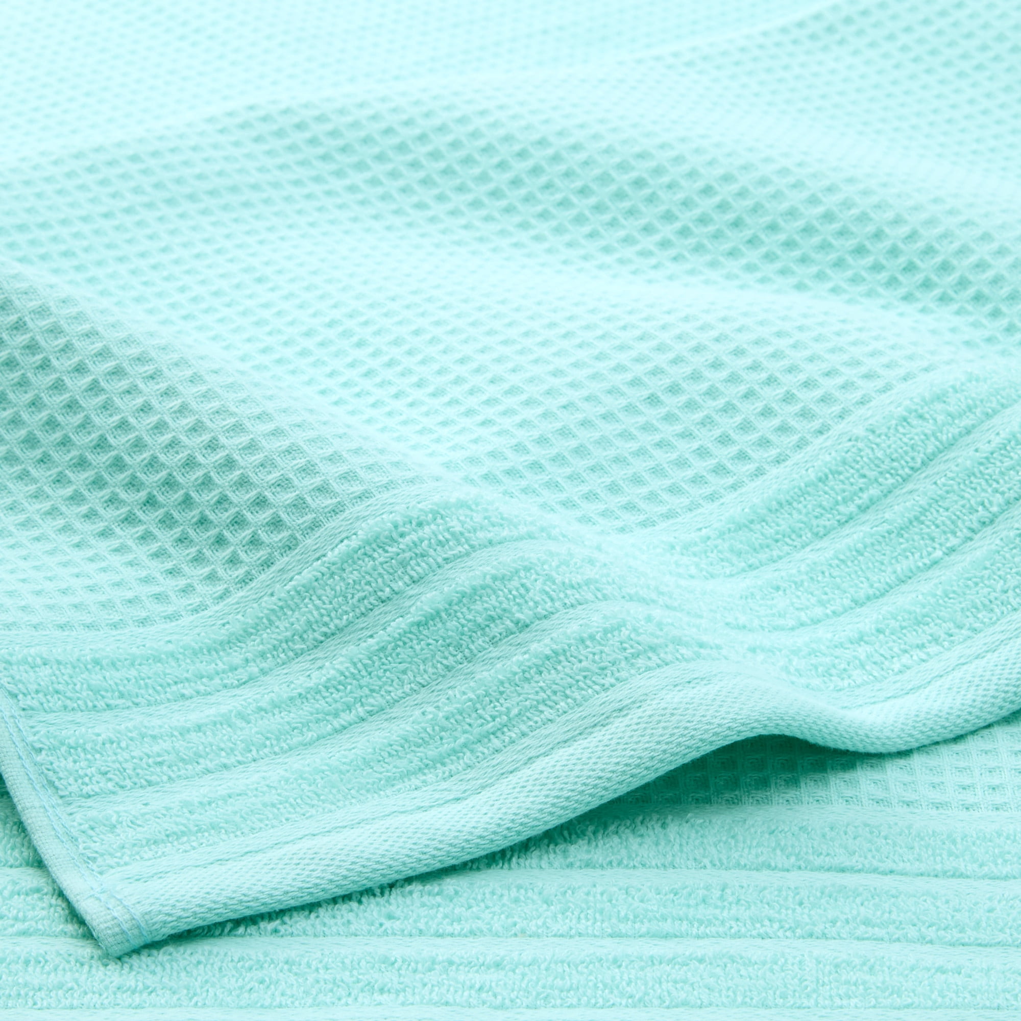 TOWN & COUNTRY BASICS 4-Piece Waffle Woven Terry Stripe Bath Towel Set, 30x56-Inch, 100% Cotton, Quick Dry, Aqua