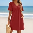 thumbnail image 4 of QIJIE Shift Dress for Women V Neck Short Sleeves Solid Color Casual Flowy Summer Dresses(S-2XL) Red XL, 4 of 5