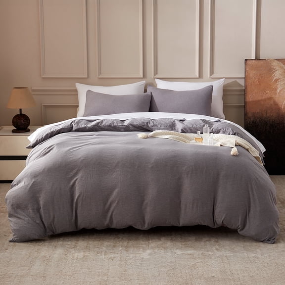 Sonive Washed Duvet Cover Set Queen Size - 3 Pieces Soft Luxury Cationic Dyeing Bedding Comforter, Linen-Like Texture Breathable Wrinkle Bed Sets, Dark Grey