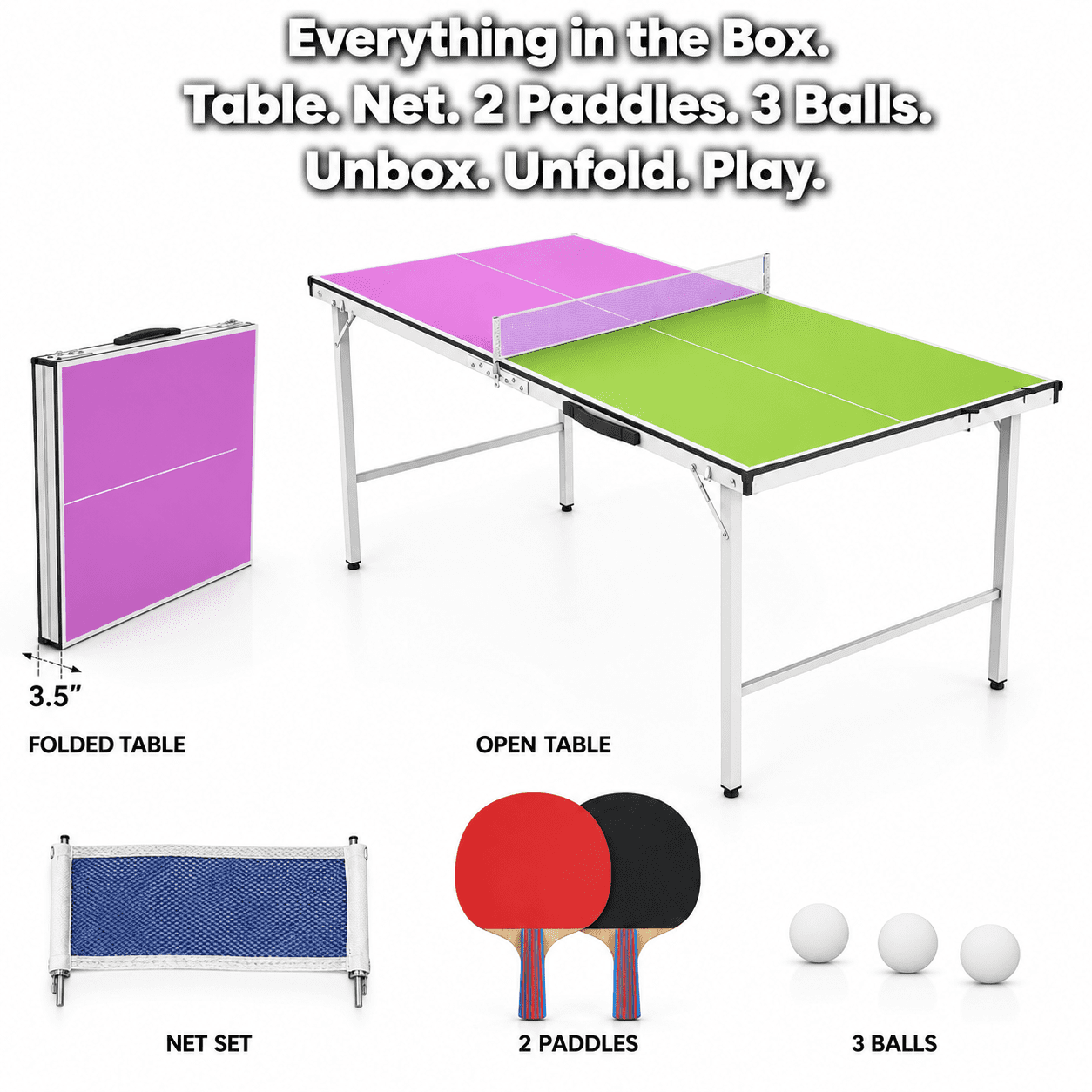 5FT Mini Ping Pong Table, Toy Sports Equipment for Kids Ages 6-10, SHINPT Foldable Outdoor Table Tennis Game Set with Net, Paddles & Balls, Portable Table Tennis Table for Indoor Family Fun