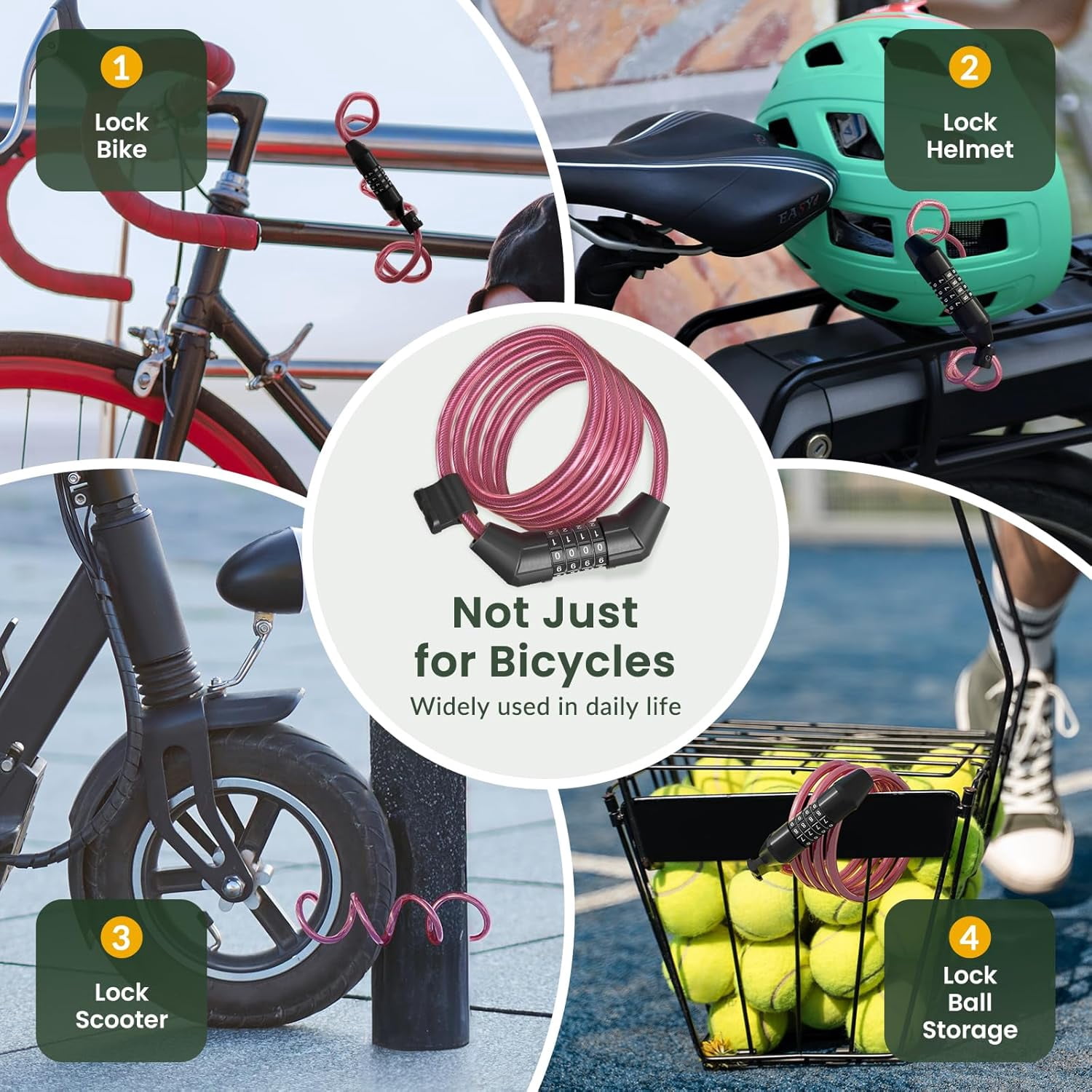 Bike Lock Cable, 4 Feet Bike Cable Lock Basic Self Coiling Kids Bike Lock Combination with Complimentary Mounting Bracket, 5/16 Inch Diameter (4FT, Pink-8mm)