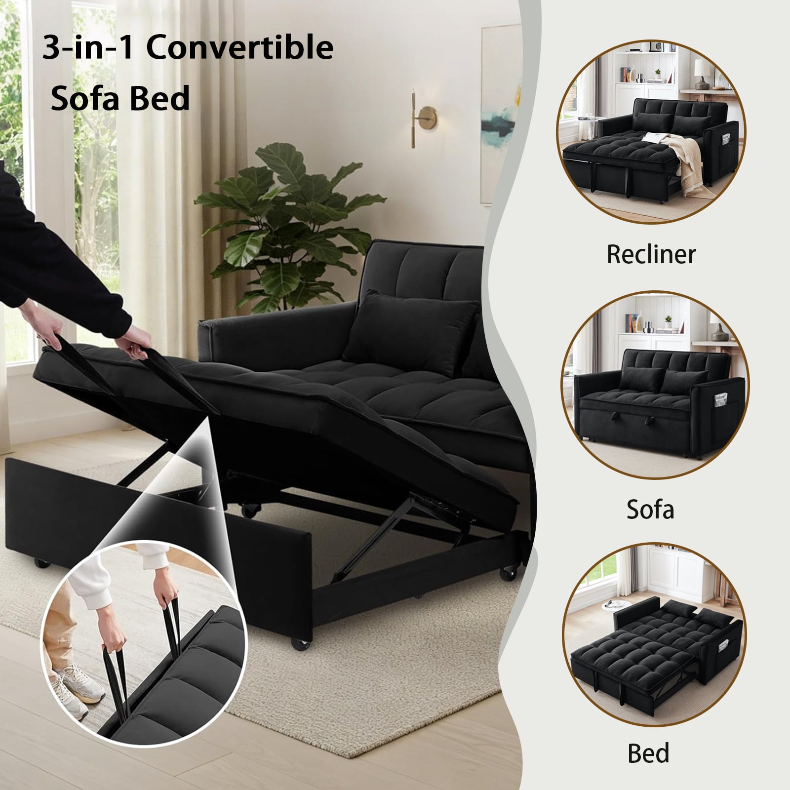 EPOWP 3 in 1 Folding Convertible Sofa Bed,55'' Pull Out Couch Bed with Side Pocket,Velvet Fabric Loveseat Sleeper Sofa with Adjustable Backrest,Easy Assembly,Perfect for Living Room,Black