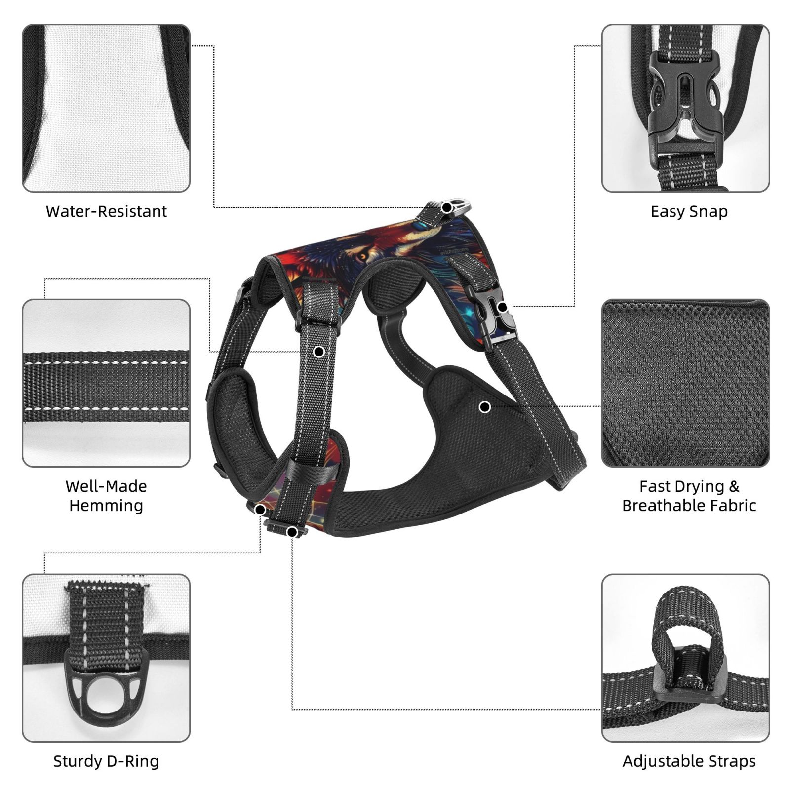 Vsdgher Mystic Wolf Dreamcatcher Dog Harness, No-Pull Pet Harness, Dog Vest, Pet Vest for Small to Large Dogs-