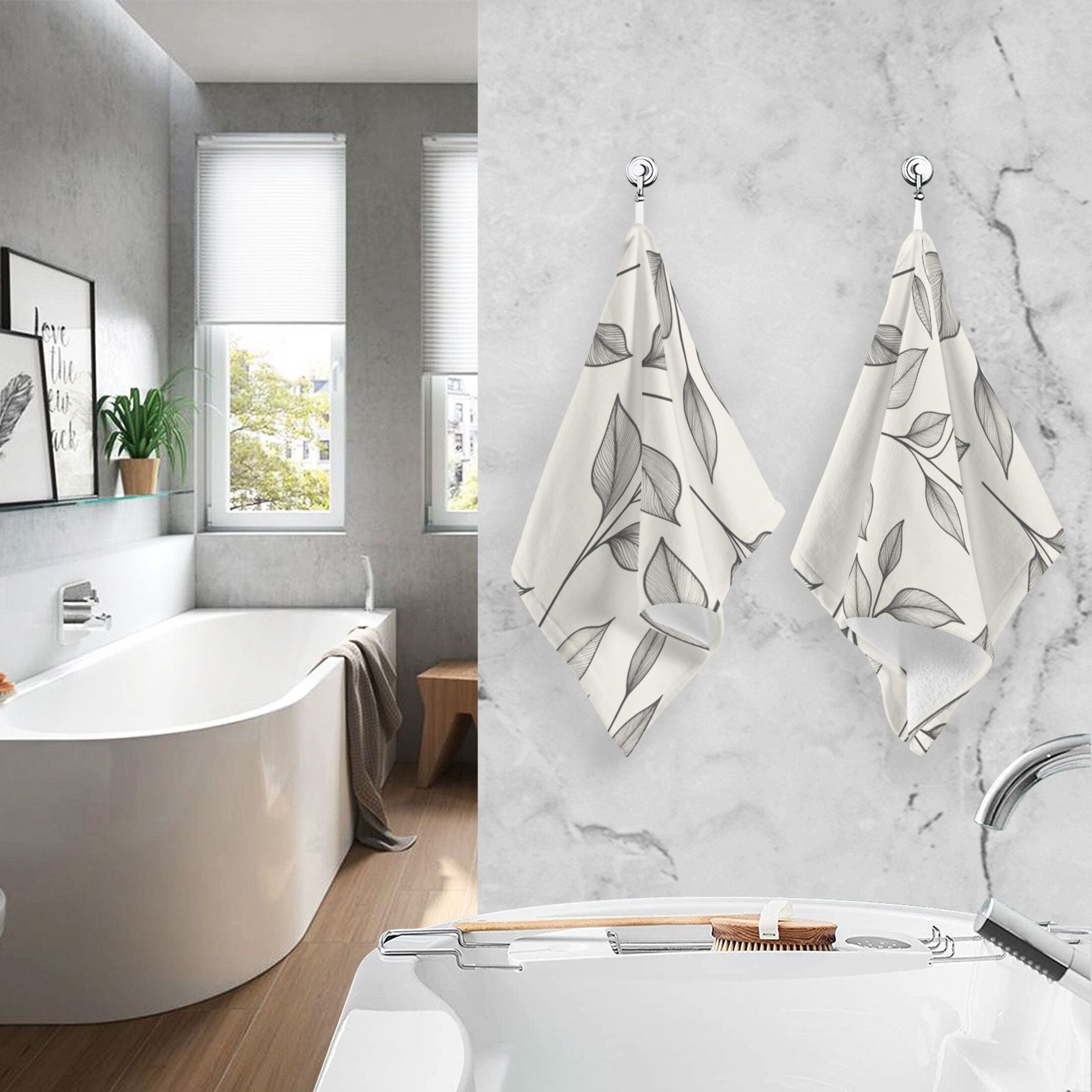 Cotton Towel Two-Piece 16x28 Inch One Sizex2 Face Towel Set Towel Set Cotton Hand Bath Towel Bathroom Beach Pretty Grey Leaves