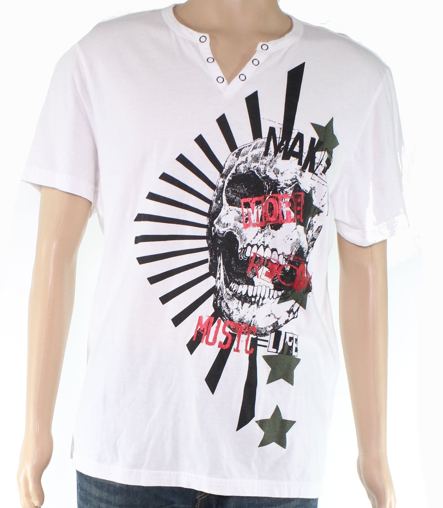 INC International Concepts - Mens T-Shirt Split Neck Skull Graphic Print Tee Studded XL