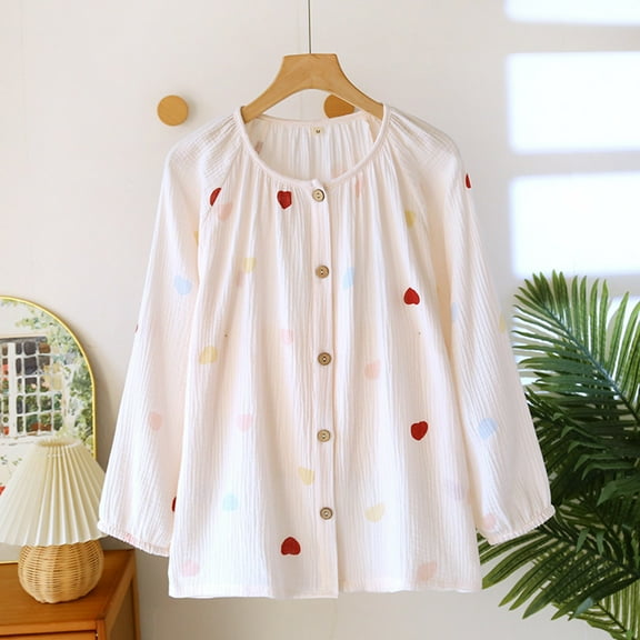 ALLLIST Womens Pajamas Cotton Pink Long Sleeve Sleep Tops Casual Love Heart Women's Loungewear M-XL