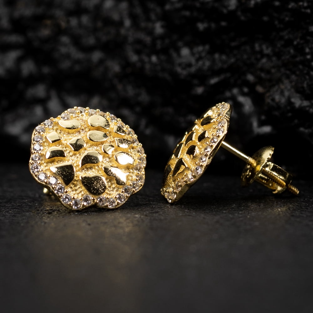 Round 14K Yellow Gold Plated 925 Sterling Silver Screw Back Post Circle Big 90's Hip Hop Ice Out Solid Gold Nugget Stud Earrings